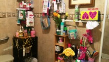 The ladies room in a Little Saigon restaurant has fresh flowers and is stocked with personal grooming items like razors, facial wipes, deodorant, and make-up.