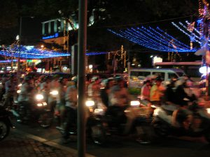 Traffic in downtown Saigon at night